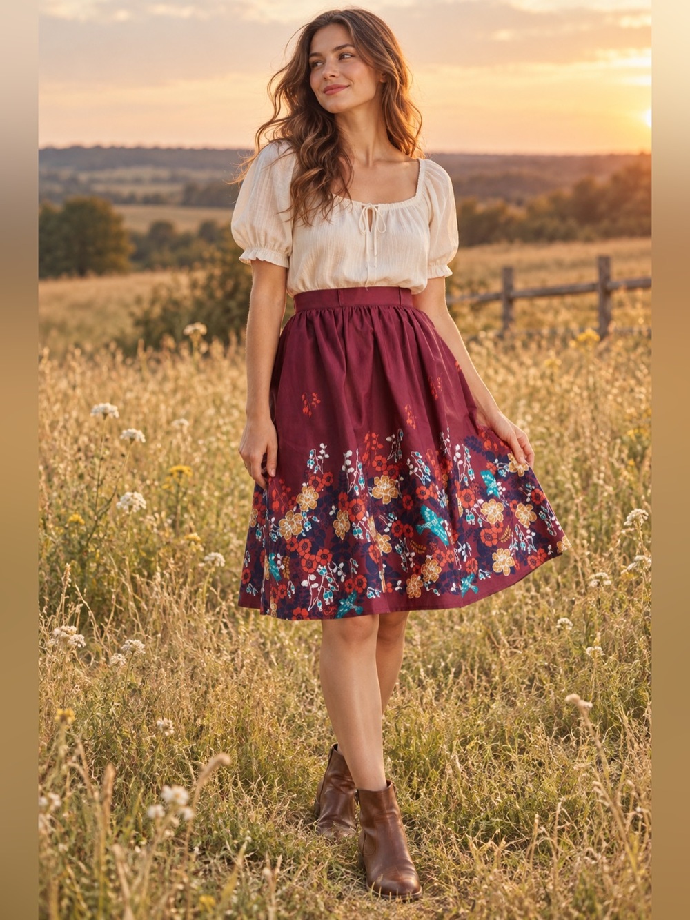 Modcloth More Than Charming Cotton Skirt Birl Flower Print Circle Style Medium